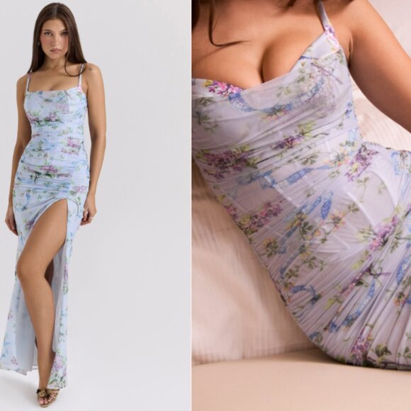 House of CB ‘Lini’ Blue Floral Print Mesh Maxi Dress NWOT - Picture 1 of 9